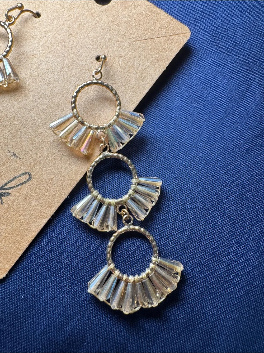 Gold-Tone Iridescent Fan Drop Earrings - Triple Tier